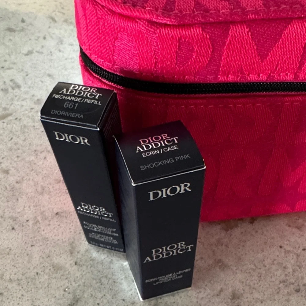 Dior Addict Lipstick with Miss Dior refill cap, new canvas beauty pouch